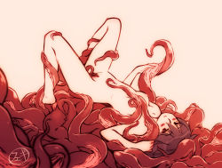 Rule 34 | 1girl, barefoot, black eyes, black hair, blush, breasts, consensual tentacles, feguimel, female pubic hair, lying, medium breasts, monochrome, nipples, nude, on back, original, pubic hair, red theme, short hair, simple background, smile, solo, tentacle pit, tentacles, white background