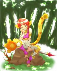 Rule 34 | 1girl, animal ears, artist request, blush, breasts, breath of fire, breath of fire ii, bustier, cat ears, cat tail, claws, facial mark, full body, furry, furry female, gloves, green eyes, no panties, no pants, open mouth, orange hair, rinpoo chuan, short hair, solo, source request, tail