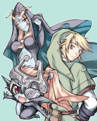 Rule 34 | 1boy, 2girls, blonde hair, blue skin, colored skin, dual persona, earrings, front ponytail, jewelry, link, microspace, midna, midna (true), multiple girls, nintendo, pointy ears, spoilers, the legend of zelda, the legend of zelda: twilight princess