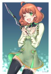 Rule 34 | 1girl, artist name, commentary, freckles, green eyes, happy, highres, kio rojine, one eye closed, orange hair, penny polendina, power symbol, rwby, solo, sword, thighhighs, weapon