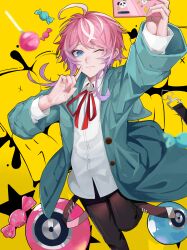 Rule 34 | 1boy, absurdres, amemura ramuda, axescr, belt, black panties, blue eyes, candy, cellphone, collared shirt, finger to mouth, food, green jacket, highres, holding, holding phone, hypnosis mic, jacket, lollipop, long hair, long sleeves, male focus, one eye closed, panties, phone, pink hair, red ribbon, ribbon, selfie, shirt, short hair, sidelocks, smartphone, smile, solo, sticker, underwear, white shirt, wrapped candy, yellow background