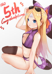 Rule 34 | 1girl, abigail williams (fate), absurdres, alternate costume, bandaid, bandaid on face, bandaid on forehead, bare arms, bare shoulders, black bow, black thighhighs, blonde hair, blue eyes, bow, breasts, character request, collarbone, commentary request, eyewear on head, fate/grand order, fate (series), gradient background, grey background, hair bow, highres, kobi (piliheros2000), large bow, long hair, looking at viewer, multicolored bow, navel, orange bow, panties, parted bangs, purple bow, purple panties, purple shirt, shirt, simple background, single thighhigh, sitting, small breasts, solo, sunglasses, thighhighs, underwear, white background