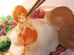 Rule 34 | 1girl, :t, bacon, blurry, bread, bread bun, broccoli, cherry tomato, chopsticks, clenched hands, close-up, closed mouth, collarbone, crying, depth of field, food, food focus, fried egg, highres, looking at viewer, mini person, minigirl, original, own hands together, personification, plate, salad, short hair, solo, tears, tomato, watanacat, yellow eyes