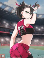 Rule 34 | 1girl, arched back, arm up, artist name, ass, black hair, breasts, closed mouth, cloud, commentary, creatures (company), day, dynamax band, eyelashes, frog (nmuv8433), frown, game freak, gloves, green eyes, hair ribbon, holding, holding poke ball, leggings, looking back, marnie (pokemon), medium breasts, nintendo, patreon logo, poke ball, poke ball (basic), pokemon, pokemon swsh, ribbon, sky, solo, sports bra, stadium, watermark, web address