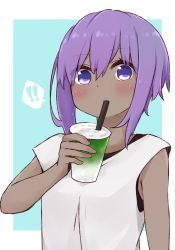 Rule 34 | !, !!, 1girl, blue background, blush, bubble tea, closed mouth, cup, dark skin, dark-skinned female, disposable cup, drinking, drinking straw, fate/prototype, fate/prototype: fragments of blue and silver, fate (series), hassan of serenity (fate), holding, holding cup, i.u.y, looking at viewer, purple eyes, purple hair, shirt, sleeveless, sleeveless shirt, solo, two-tone background, upper body, white background, white shirt
