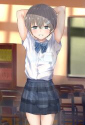 Rule 34 | 1boy, arms behind head, arms up, blue bow, blue bowtie, bookshelf, bow, bowtie, bra, breast pocket, chalkboard, classroom, collared shirt, crossdressing, desk, grin, hair ornament, hairclip, highres, looking at viewer, male focus, original, oyumi30do, plaid, plaid skirt, pleated skirt, pocket, school desk, see-through, shirt, shirt tucked in, short hair, short sleeves, skirt, smile, solo, trap, underwear, white shirt