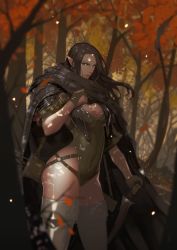 Rule 34 | 1girl, arrow (projectile), autumn, autumn leaves, belt, black hair, blue eyes, boots, bow, bow (weapon), breasts, bridal gauntlets, cape, covered navel, earrings, elf, falling leaves, forest, high heel boots, high heels, highres, hong soon-jae, hoop earrings, jewelry, large breasts, leaf, leotard, lips, long hair, looking at viewer, nature, original, pointy ears, puffy sleeves, quiver, serious, shadow, simple background, solo, thigh boots, thighhighs, tree, very long hair, weapon, white background