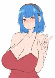 Rule 34 | 1girl, bare shoulders, blue hair, borrowed character, breasts, cleavage, collarbone, commentary, english commentary, erkaz, flat color, hairband, highres, huge breasts, looking at viewer, no bra, norman maggot, original, red eyes, red tank top, rina atherina, short hair, sidelocks, simple background, solo, spaghetti strap, tank top, upper body, w, white background