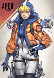 Rule 34 | 1girl, absurdres, apex legends, blue bodysuit, blue eyes, blue headwear, bodysuit, breasts, copyright name, electricity, facial scar, hand on own hip, highres, hood, hooded bodysuit, jacket, looking at viewer, orange jacket, parted lips, ribbed bodysuit, scar, scar on cheek, scar on face, small breasts, smile, solo, thigh strap, thinker 0616, wattson (apex legends), white bodysuit