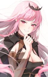 Rule 34 | 1girl, absurdres, black cape, black dress, black tiara, blush, breasts, cape, cleavage, detached sleeves, dress, highres, hololive, hololive english, large breasts, looking at viewer, maruta (shummylass), mori calliope, mori calliope (1st costume), pink hair, red eyes, see-through, see-through sleeves, see-through veil, sleeveless, sleeveless dress, smile, solo, spiked cape, tiara, virtual youtuber, white background