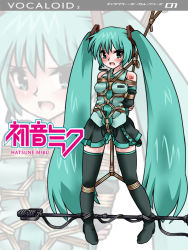 Rule 34 | 1girl, aqua eyes, aqua hair, arms behind back, bdsm, bondage, bound, box tie, crotch rope, detached sleeves, hatsune miku, lilish, long hair, microphone, microphone stand, necktie, parody, rope, shibari, shibari over clothes, solo, spreader bar, sweat, tears, thighhighs, twintails, vocaloid, zoom layer
