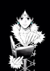 Rule 34 | 1boy, black background, black coat, black eyes, black hair, blending, book, chrollo lucilfer, coat, collarbone, earrings, facial tattoo, fur trim, hair down, highres, holding, holding book, hunter x hunter, jewelry, long sleeves, looking at viewer, male focus, open book, sano yuuto, short hair, simple background, solo, spot color, tattoo