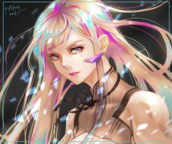 Rule 34 | 1girl, absurdres, blonde hair, blue eyes, commentary request, earrings, gigi andalusia, gundam, gundam hathaway&#039;s flash, highres, huge filesize, jewelry, kurokogiworks, long hair, looking at viewer, messy hair, multicolored eyes, multicolored hair, sidelocks, signature, solo, upper body