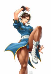 Rule 34 | 1girl, bracelet, capcom, china dress, chinese clothes, chun-li, dress, highres, jewelry, omar dogan, pantyhose, pelvic curtain, solo, spiked bracelet, spikes, street fighter, thick thighs, thighs, udon entertainment