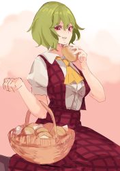 Rule 34 | 1girl, ascot, bad id, bad twitter id, basket, bread, collared shirt, crumbs, eating, flower, food, green hair, highres, holding, holding basket, holding food, kazami yuuka, looking at viewer, open mouth, plaid, plaid skirt, plaid vest, red eyes, red vest, seiza, shirt, short hair, short sleeves, simple background, sitting, skirt, skirt set, solo, tohoyuukarin, touhou, vest, wavy hair, white background, white shirt, yellow ascot