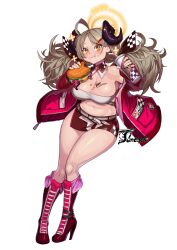 Rule 34 | 1girl, ahoge, bandeau, belt, blue archive, blush, boots, breast tattoo, breasts, burger, crumbs, cup, curled horns, disposable cup, drinking straw, eating, food, gehenna academy logo, hair ornament, hairclip, halo, highres, holding, holding cup, holding food, horns, izumi (blue archive), jacket, knee boots, large breasts, long hair, miniskirt, mole, mole on thigh, race queen, red footwear, red jacket, red skirt, side slit, skirt, sparkling eyes, strapless, tattoo, thick eyebrows, ttt (titatuem), tube top, twintails, white bandeau, white belt