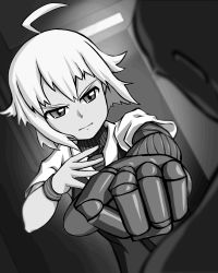 Rule 34 | 1girl, antenna hair, clenched hand, dana zane, greyscale, single mechanical arm, monochrome, necktie, out of frame, punching, solo focus, va-11 hall-a, white hair, wristband