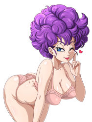 Rule 34 | 1girl, ass, blue eyes, bra, breasts, cleavage, dragon ball, heart, large breasts, leaning forward, lipstick, looking at viewer, makeup, mole, mole under mouth, one eye closed, panties, pink bra, pink panties, purple hair, ranfan, sano br, seductive smile, shiny skin, smile, solo, underwear, wink