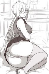 Rule 34 | 1girl, ass, bed, breast hold, breasts, curvy, female focus, glasses, houtengeki, large breasts, long hair, looking at viewer, looking back, monochrome, original, panties, parted lips, pointy ears, ponytail, sketch, skirt, smile, solo, thick thighs, thighhighs, thighs, underwear, wide hips