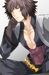 Rule 34 | 10s, 1boy, archimedes (fate), artist name, belt, brown eyes, brown hair, fate/extella, fate/extra, fate (series), gloves, grey background, iwanaga tm, male focus, simple background, sitting, solo, upper body