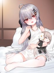 Rule 34 | 1girl, :o, absurdres, ahoge, aug (girls&#039; frontline), bad id, bad pixiv id, bare arms, bare shoulders, bed sheet, black bra, black ribbon, blush, bra, brown hair, character doll, commentary request, dokomon, dress, fang, flower, girls&#039; frontline, hair between eyes, hair ornament, hair ribbon, hairclip, hand up, head tilt, highres, iws 2000 (girls&#039; frontline), korean commentary, long hair, no shoes, hugging object, open mouth, pillow, red eyes, ribbon, silver hair, sleeveless, sleeveless dress, solo, tears, thighhighs, underwear, very long hair, white flower, white thighhighs
