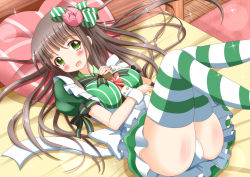 Rule 34 | 1girl, :d, bow, breasts, brown hair, commentary request, dress, frilled dress, frills, gochuumon wa usagi desu ka?, green bow, green dress, green eyes, hair bow, large breasts, long hair, looking at viewer, lying, on back, on bed, open mouth, panties, pantyshot, puffy short sleeves, puffy sleeves, short sleeves, smile, solo, striped clothes, striped thighhighs, thighhighs, ujimatsu chiya, underwear, upskirt, white panties, xenon (for achieve)