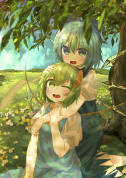 Rule 34 | 2girls, absurdres, ascot, blue dress, blue eyes, blue hair, blue ribbon, blush, branch, cirno, daiyousei, dress, ekaapetto, flower, green eyes, green hair, hair between eyes, hair ribbon, hand on another&#039;s head, highres, hug, hug from behind, ice, ice wings, leaf, looking at viewer, multiple girls, one eye closed, open mouth, path, pinafore dress, puffy short sleeves, puffy sleeves, ribbon, road, short hair, short sleeves, sleeveless dress, socks, touhou, tree, tree shade, wings, yellow ascot