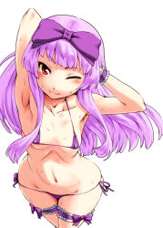 Rule 34 | 1girl, 3.1-tan, ;), armpits, bikini, blush, bow, breasts, bridal garter, covered erect nipples, flat chest, hair bow, highres, light purple hair, long hair, looking at viewer, one eye closed, os-tan, purple bikini, red eyes, side-tie bikini bottom, simple background, small breasts, smile, solo, swimsuit, takayama chihiro, white background, wide hips