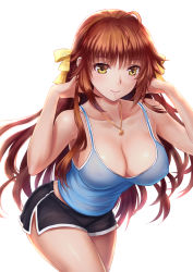 Rule 34 | 1girl, ahoge, amulet, bare arms, black shorts, blush, breasts, brown hair, camisole, cleavage, closed mouth, collarbone, covered erect nipples, cowboy shot, eyebrows, eyelashes, hair ribbon, hands in hair, hexagram, highres, jewelry, large breasts, long hair, looking away, necklace, original, ribbon, see-through, shiny skin, short shorts, shorts, simple background, sleeveless, smile, solo, sportswear, sweat, tank top, thighs, very long hair, white background, yellow eyes, youbou