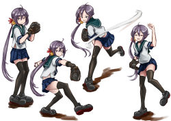 Rule 34 | 1girl, ahoge, akebono (kancolle), baseball, baseball glove, bell, black thighhighs, blue skirt, blush, closed mouth, flower, green sailor collar, hair bell, hair between eyes, hair flower, hair ornament, highres, jingle bell, kantai collection, long hair, multiple views, open mouth, pink flower, pitching, pleated skirt, purple eyes, purple hair, sailor collar, school uniform, serafuku, shoes, short sleeves, side ponytail, simple background, skirt, spi (kugepot), thighhighs, white background
