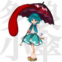 Rule 34 | 1girl, blue eyes, blue hair, blue skirt, blue vest, brown footwear, center frills, closed mouth, commentary request, frills, full body, geta, harukawa moe (style), heterochromia, highres, holding, holding umbrella, keiki8296, long sleeves, no socks, open clothes, open vest, purple umbrella, red eyes, shirt, short hair, skirt, smile, solo, standing, tatara kogasa, toes, tongue, tongue out, touhou, umbrella, vest, walking, white shirt