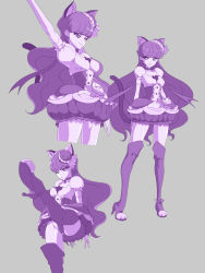 Rule 34 | 10s, 1girl, animal ears, arm up, boots, cat ears, cat tail, choker, cure macaron, don (rg06268), earrings, food-themed hair ornament, full body, grey background, hair ornament, high heel boots, high heels, highres, jewelry, kirakira precure a la mode, leg lift, looking at viewer, macaron hair ornament, magical girl, monochrome, precure, purple theme, simple background, smile, solo, tail, thighhighs