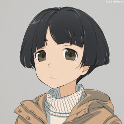 Rule 34 | 1girl, akagi (fmttps), artist name, black eyes, black hair, blunt bangs, bob cut, brown coat, casual, closed mouth, coat, commentary, girls und panzer, grey background, hood, hooded coat, konparu nozomi, light frown, looking at viewer, portrait, short hair, simple background, solo, sweater, turtleneck, twitter username, white sweater