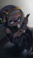 Rule 34 | 1girl, against wall, arm warmers, bad id, bad twitter id, bare shoulders, black pants, black vest, blue eyes, chromatic aberration, closed mouth, commentary, expressionless, finger on trigger, grey hair, gun, highres, holding, holding gun, holding weapon, inkling, inkling (language), inkling girl, inkling player character, kashu (hizake), knees up, light, long hair, looking at viewer, monster girl, n-zap (splatoon), nintendo, pants, shadow, shoes, short eyebrows, single arm warmer, single vertical stripe, sitting, solo, splatoon (series), splatoon 2, tentacle hair, vest, weapon, white footwear, zipper, zipper pull tab