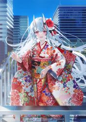 Rule 34 | 1girl, :d, absurdres, blue background, blue sky, building, daitai sotogawa (futomomo), day, fang, floral print, flower, grey hair, hair between eyes, hair flower, hair ornament, highres, hololive, horns, japanese clothes, kimono, long sleeves, looking at viewer, multicolored hair, nakiri ayame, obi, oni, open mouth, outdoors, print kimono, railing, red eyes, red flower, red hair, red kimono, red rose, rose, sash, skin-covered horns, sky, smile, solo, streaked hair, virtual youtuber, white kimono, wide sleeves