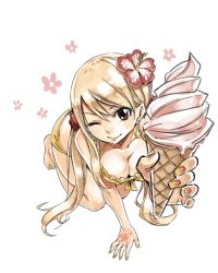Rule 34 | 1girl, bikini, blonde hair, breasts, brown eyes, cleavage, earrings, fairy tail, flower, food, hair between eyes, hair flower, hair ornament, hand tattoo, ice cream, ice cream cone, jewelry, kneeling, large breasts, lucy heartfilia, mashima hiro, official art, one eye closed, simple background, smile, solo, star (symbol), star earrings, swimsuit, tattoo, white background