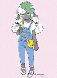 Rule 34 | 1girl, animal ears, bag, bell, black bow, black skin, bow, closed mouth, colored skin, full body, furry, furry female, hair bell, hair bow, hair ornament, handbag, long hair, looking at viewer, original, overalls, pink background, sheep, sheep ears, sheep girl, shirt, shoes, short sleeves, simple background, sneakers, solo, terayamaden, twintails, twitter username, white hair, white shirt, yellow eyes