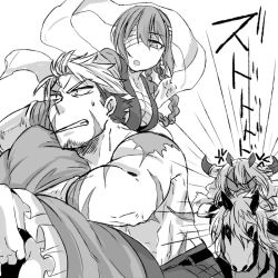 Rule 34 | 1boy, 2girls, armor, artoria pendragon (lancer alter) (fate), barefoot, beowulf (fate), breasts, carrying, clenched teeth, fate/grand order, fate (series), florence nightingale (fate), horns, horse, monochrome, multiple girls, open mouth, pants, scar, short hair, teeth, topless