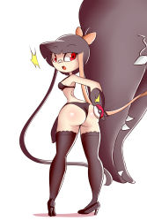 Rule 34 | 1girl, absurdres, ass, bandaid, bandaid on face, bandaid on nose, bare shoulders, black bra, black footwear, black hair, black panties, black thighhighs, blush, bow, bra, breasts, clothed pokemon, creatures (company), extra mouth, female focus, from behind, full body, game freak, gen 3 pokemon, hair bow, high heels, highres, long hair, looking back, looking to the side, lucyfer, mawile, motion lines, multicolored hair, nintendo, no humans, open mouth, panties, personification, pigeon-toed, pink bow, poke ball, poke ball (basic), pokemon, pokemon (creature), red eyes, sharp teeth, shoes, simple background, small breasts, solo, standing, surprised, teeth, thighhighs, twintails, two-tone hair, underwear, underwear only, very long hair, white background