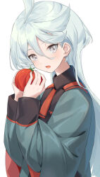 Rule 34 | 1girl, coat, eyebrows hidden by hair, food, grey eyes, gundam, gundam suisei no majo, hachinatsu, hair between eyes, highres, holding, holding food, long hair, looking at viewer, miorine rembran, open mouth, simple background, solo, tomato, upper body, white background, white hair