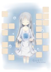 Rule 34 | 1girl, bad google+ id, bad id, character request, closed eyes, closed mouth, copyright request, dress, english text, long dress, long hair, ribbon, silver hair, simple background, tinzing saamzong, water drop