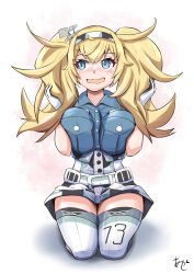 Rule 34 | 1girl, akashieru, blonde hair, blue eyes, blue shirt, blush, breast pocket, breasts, breasts squeezed together, collared shirt, gambier bay (kancolle), gloves, hair between eyes, hairband, highres, kantai collection, large breasts, long hair, open mouth, pocket, shirt, short sleeves, simple background, smile, solo, thighhighs, twintails