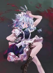 Rule 34 | 1girl, apron, blood, blood on face, blood splatter, blue dress, blue eyes, boots, braid, brown footwear, cross-laced footwear, dress, expressionless, frilled skirt, frills, gradient background, hair between eyes, highres, holding, holding knife, holster, izayoi sakuya, knife, knife sheath, knife sheath, lace-up boots, maid apron, maid headdress, one-hour drawing challenge, puffy short sleeves, puffy sleeves, reddizen, sheath, short sleeves, skirt, solo, standing, standing on one leg, thigh holster, touhou, twin braids, v-shaped eyebrows, white hair