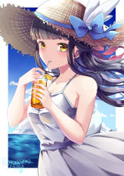 Rule 34 | 1girl, 2021, absurdres, artist name, bad id, bad pixiv id, black hair, blue bow, bow, collarbone, cup, dress, drinking, drinking straw, drinking straw in mouth, floating hair, grey dress, hat, hat bow, highres, holding, holding cup, kai shimako, long hair, muv-luv, muv-luv alternative, muv-luv total eclipse, ocean, ryuu shuo, smile, solo, straw hat, water, yellow eyes