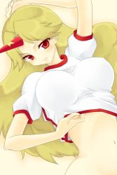 Rule 34 | 1girl, breasts, breasts apart, female focus, horns, hoshiguma yuugi, impossible clothes, impossible shirt, jpeg artifacts, large breasts, midriff, navel, shirt, single horn, solo, soumendaze, touhou, wide hips