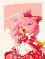 Rule 34 | 1girl, amy rose, apron, blush, bow, bowtie, bracelet, dress, closed eyes, flower, furry, furry female, gloves, hair bow, jewelry, misuta710, open mouth, pink flower, pink fur, pink rose, puffy short sleeves, puffy sleeves, red bow, red dress, rose, short sleeves, solo, sonic (series), white apron, white gloves