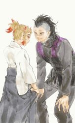 Rule 34 | 2boys, black hair, black jacket, black pants, blonde hair, closed mouth, clothes grab, colored tips, demon slayer uniform, eye contact, feet out of frame, grey hakama, hakama, height difference, highres, hunched over, jacket, japanese clothes, kimetsu no yaiba, long hair, long sleeves, looking at another, mak (kainemaru), male focus, mohawk, multicolored hair, multiple boys, pants, parted lips, profile, red eyes, red hair, rengoku senjurou, scar, scar on face, scar on nose, shinazugawa genya, shy, sidelocks, simple background, smile, standing, streaked hair, vest