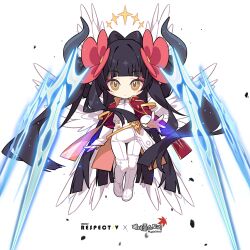 Rule 34 | + +, 1girl, absurdres, black hair, chibi, closed mouth, demon horns, diein (djmax), djmax, feathered wings, floating, floating object, floating weapon, flower, hair flower, hair ornament, halo, highres, horns, mamo c, maplestory, non-web source, red flower, solo, source request, sword, weapon, white wings, wings, yellow eyes