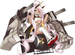 Rule 34 | 1girl, absurdly long hair, ahoge, asymmetrical legwear, azur lane, bandeau, bare shoulders, black gloves, black shorts, blue eyes, bomb, breasts, cleavage, covered mouth, crossed legs, dark-skinned female, dark skin, dot nose, explosive, eyebrows, eyes visible through hair, facepaint, facing away, fat man (nuclear bomb), fingernails, full body, gloves, grey footwear, hazard symbol, headgear, heterochromia, index finger raised, indianapolis (azur lane), long hair, looking away, looking to the side, m/, machinery, mechanical arms, midriff, nuclear weapon, official art, over-kneehighs, palms, partially fingerless gloves, pink hair, radiation symbol, rudder footwear, saru, see-through, short shorts, shorts, single thighhigh, sitting, small breasts, solo, strapless, thighhighs, transparent background, tsurime, tube top, turret, turtleneck, twintails, underboob, uneven legwear, very long hair, weapon of mass destruction, white thighhighs, yellow eyes