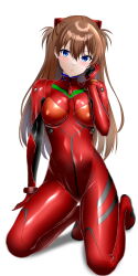 Rule 34 | 1girl, absurdres, artist request, blue eyes, blush, bodysuit, breasts, brown hair, female focus, full body, hair between eyes, highres, interface headset, kneeling, legs apart, long hair, looking at viewer, medium breasts, neon genesis evangelion, pilot suit, plugsuit, red bodysuit, red headwear, shiny clothes, simple background, solo, souryuu asuka langley, standing, two side up, white background